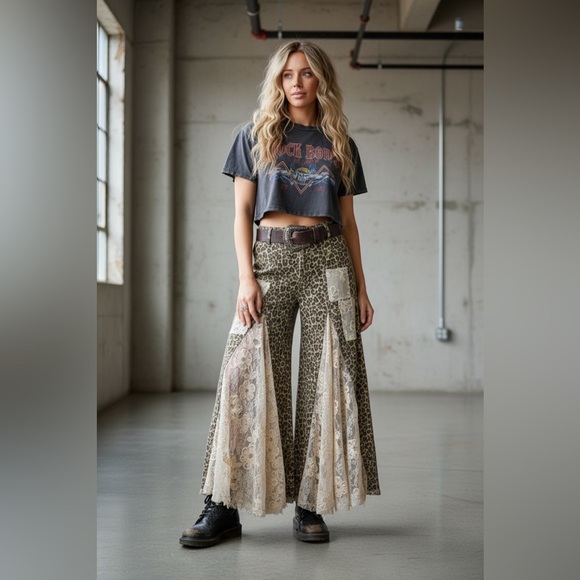None Pants - NWT Leopard Cheetah Animal Print Lace Panel Boho Wide Leg Patchwork Flare Pants